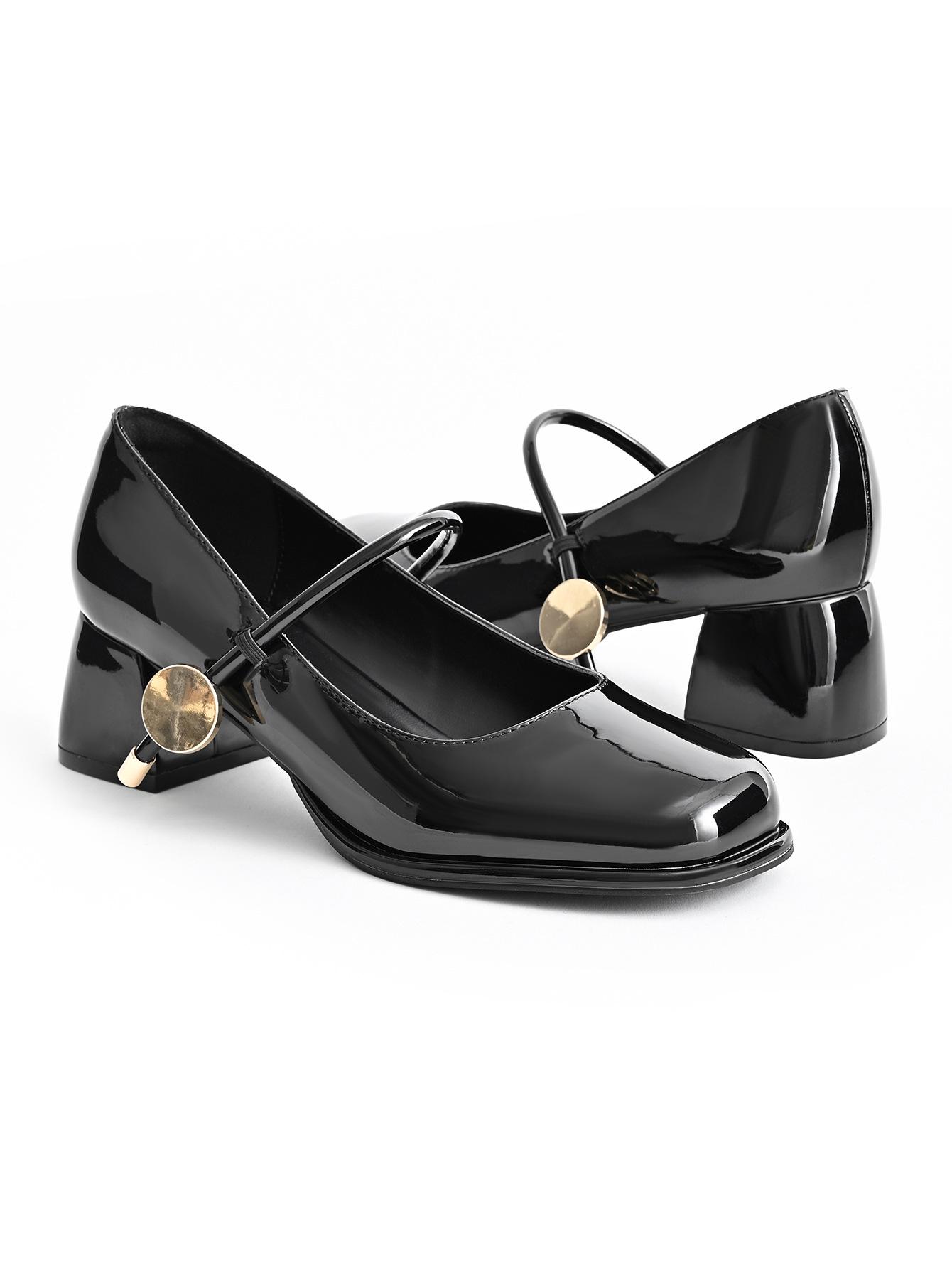 Women s Gold Patent Leather Mary Jane Shoes with Round Toe and Chunky Heel EU 38 чёрный