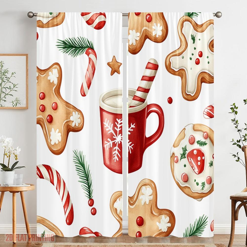 2pcs,2D Plane Printing Curtain Fabric Christmas Cookie Hot Cocoa (2) Versatile Fabric (without Rod) Festive Perfect for Study,