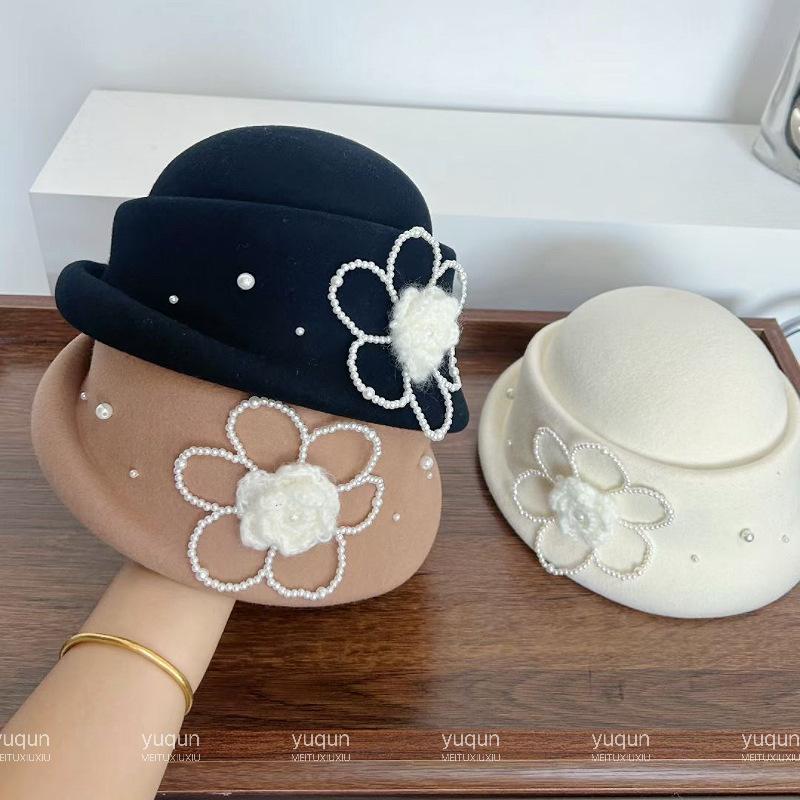 French Hepburn Style Pearl Flower Wool Fisherman's Hat Children Autumn and Winter Elegant Daughter Gold Wind Show Face Small Curling Top Hat