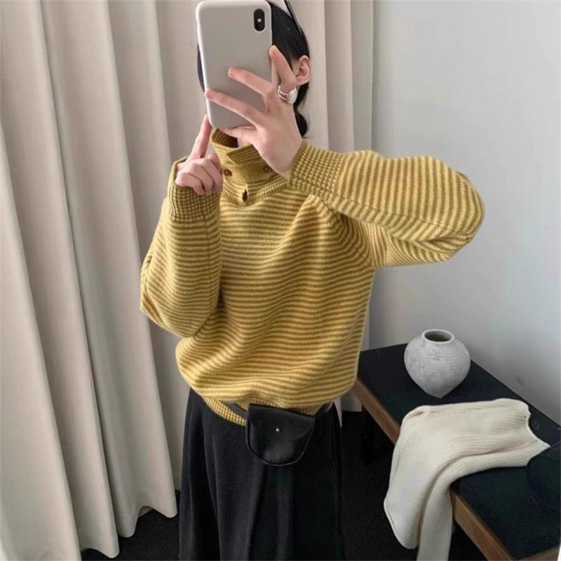 Нежный ветер мягкие восковые полосы контрастный цвет лацкан свитер женский топ осень и зима новый пуловер вязаный свитер толстый one size fits all жёлтый 4080₽