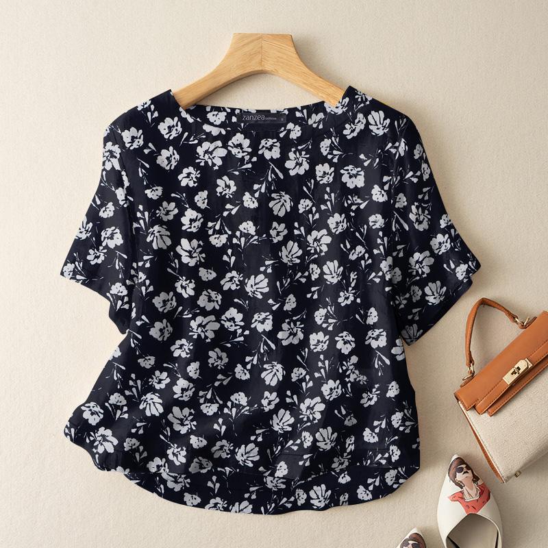 

ZANZEA Женская повседневная блузка с круглым вырезом и цветочным принтом до половины рукава 5XL темно-синий