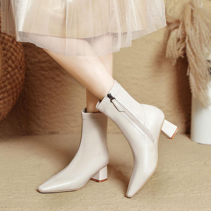 High-heeled short boots women's spring and autumn single boots 2025 new small square head thick heel thin boots brown French medium boots