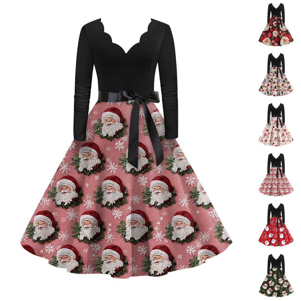 Women's Fashion Elegant Autmn and Winter Long Sleeve V-Neck Christmas Print Dress
