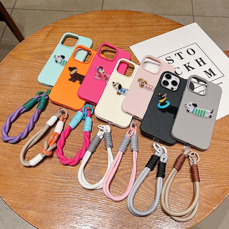 Korean Cute 3D Cartoon Embroidery Dog Lanyard Rope Phone Case For iPhone 17 16 15 14 13 11 12 Pro Max 16 Plus Funny Puppy Cover