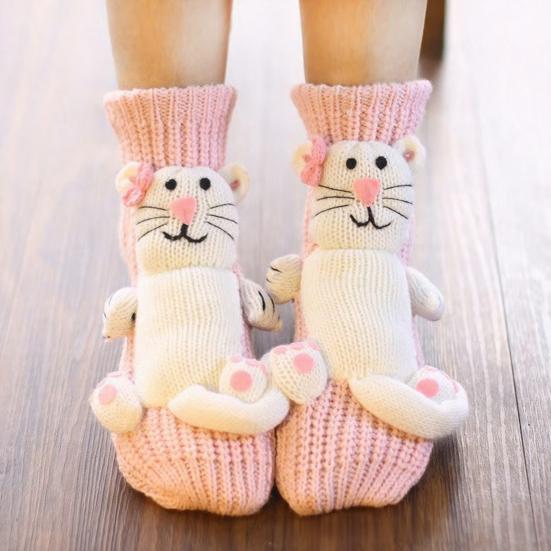 1 Pair Knitted Animal Socks Autumn Winter Thick Warm Knitting 3D Animal Doll Mid-calf Socks Women Stretch Home Floor Carpet Sleeping Socks