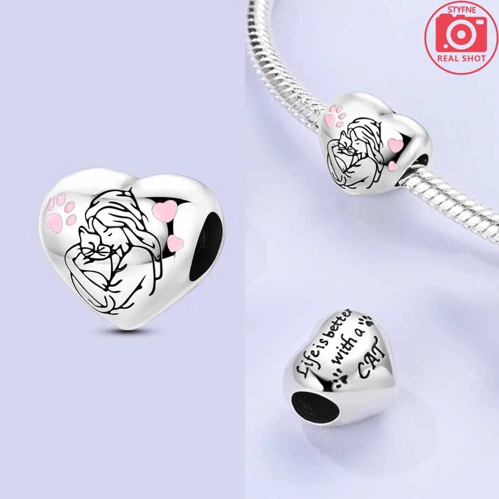 Copper Bracelet Jewelry Diy Accessories Beads Original Pink Zircon Hollow Out Heart Engraved Girl With Cat Hug Dog Paws Bead