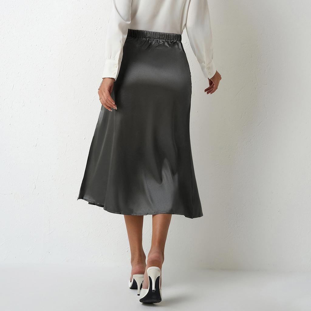 Women's Satin Half Skirt Summer Vent Professional A-line Skirt High Waisted Skirts