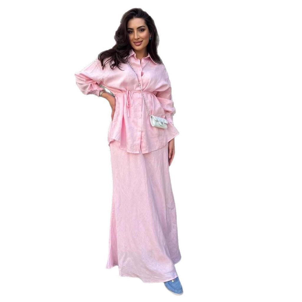 2025 Autumn Sweet & Salty Style Long-Sleeve Tie-Up Shirt and Hip-Hugging Skirt for European & American Women