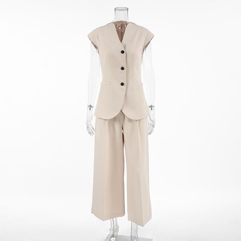 Women Causal Waistcoat Trousers Suit Spring V-neck Sleeveless Single Breasted Vest High Waist Wide Leg Pants Commute Sets