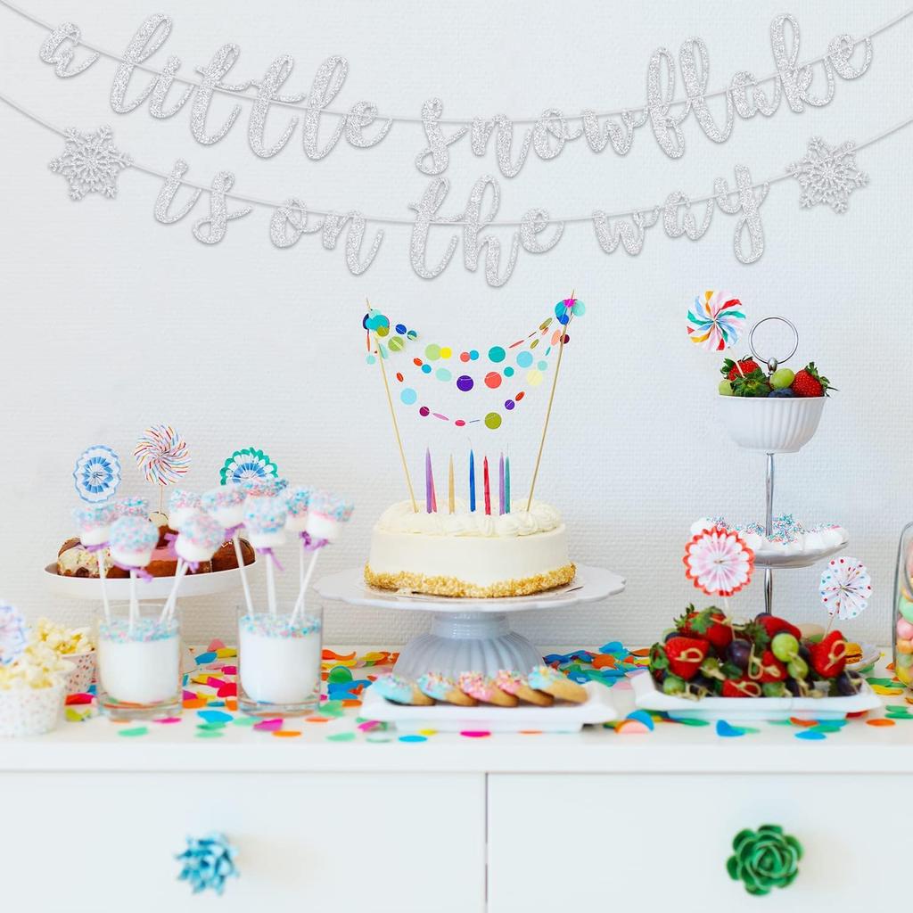 A Little Snowflake is on The Way Banner, Winter Wonderland Themed Baby Shower Party Decorations, Winter Gender Reveal Decor Silver Glitter
