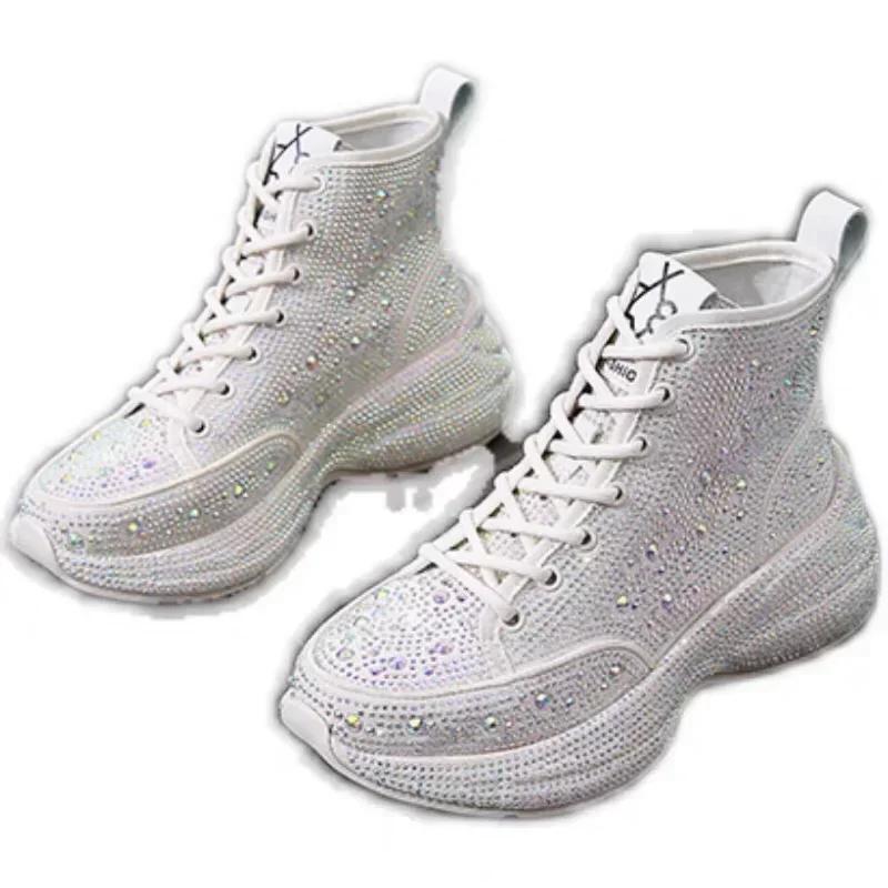 Fashion Top Quality Women Walking Shoes 2025 New Women's Casual Shoes Thick Sole Rhinestone Breathable Shiny Daddy Shoes Women Sneakers