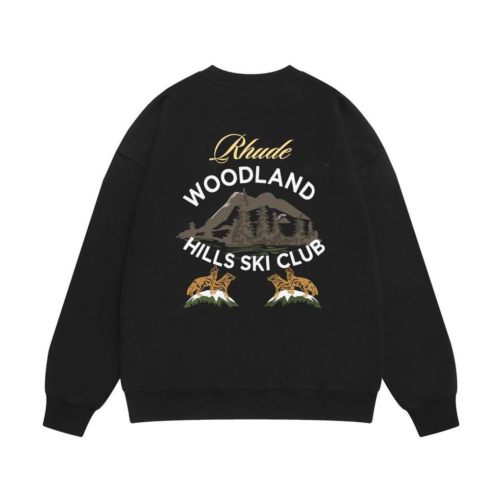 New Men's RHUDE Letter Print Loose Terry Round Neck Hoodie