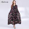 Elegant Fashion Spring Autumn Women Maxi Long Dress V Neck Black Floral Print Office Lady Dress Full Sleeve Feminine Chiffon Dress