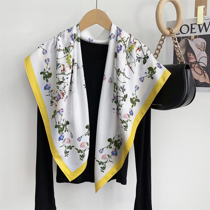 Spain Fashion Million Floral Square Silk Scarf Ladies High Quality Print Soft Shawls and Wraps Bufanda Muslim Hijab 90*90Cm