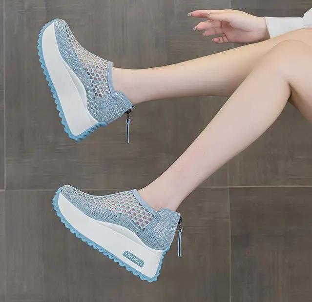 Fashion 8CM Microfiber Leather Ankle Boots Sandals Women Shoes Hollow ZIP Chunky Sneaker Platform Wedge Fashion Summer Bling Sandals