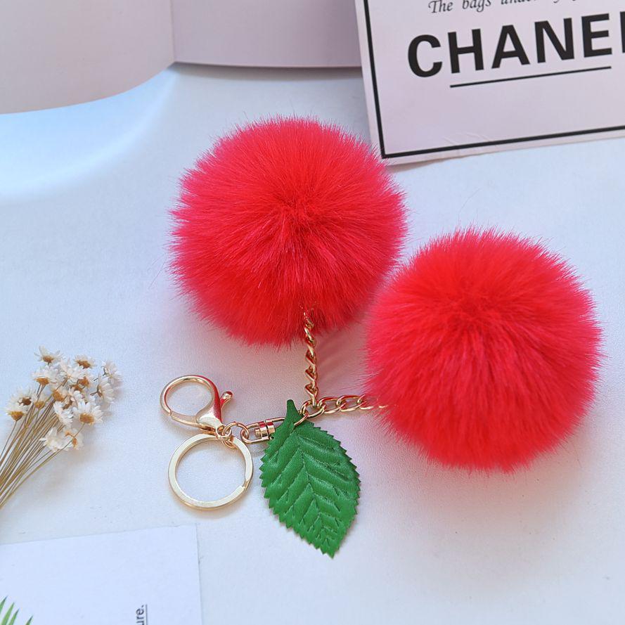 Fuzzy Cherry Faux Fur Plush Keychain - Cute Fluffy Ball Bag Pendant with Green Leaf Plush Small Cherry красный