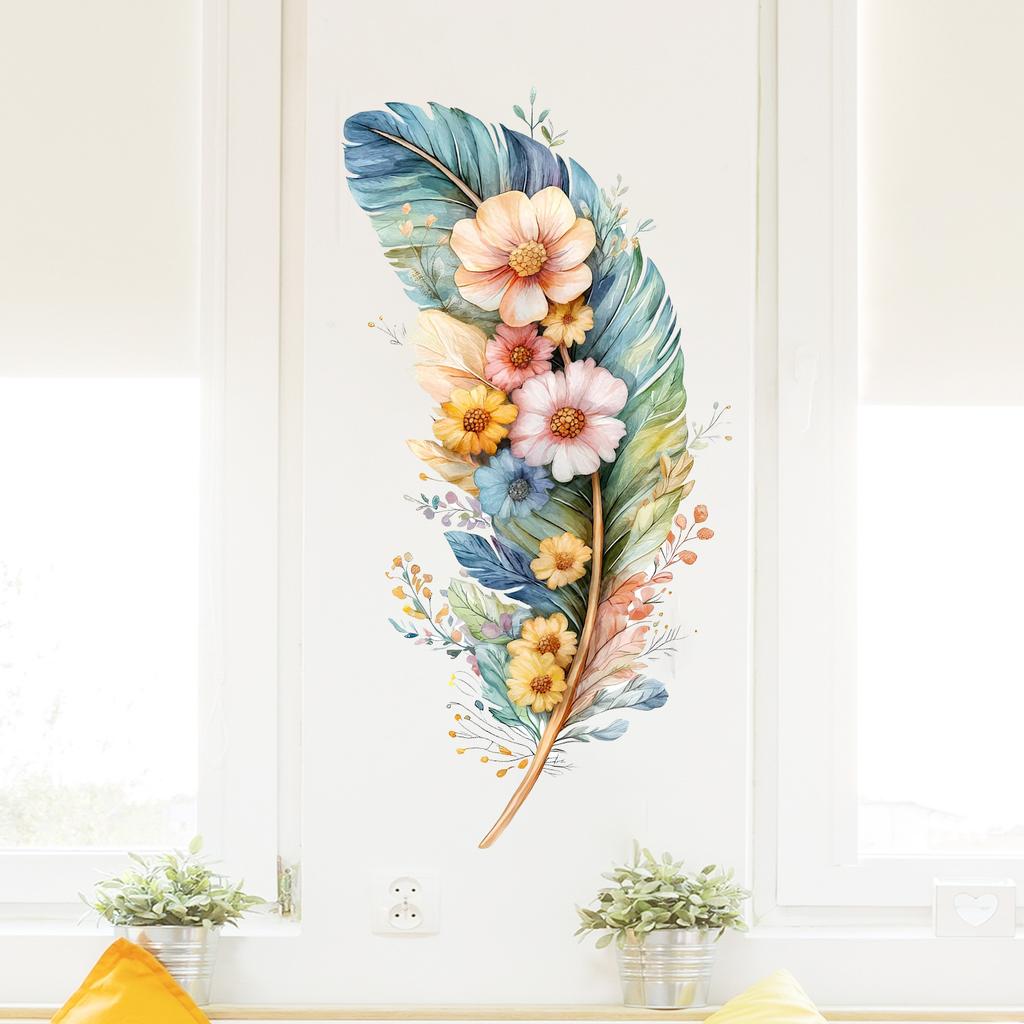 Feather Bouquet Wall Stickers, Removable Self-Adhesive Decals for Bedroom Background Door Home Decor