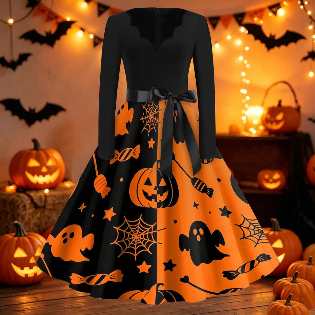 Women's Casual Vintage Halloween Dress V Neck Long Sleeve Retro Style Fit and Flare Knee Length Dress with Ghost Print and Waist Tie