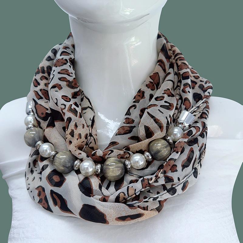 Chic Printed Scarf Necklace with Pearl and Bead Accents – Lightweight Chiffon Infinity Scarf for Women, Fashion Statement Accessory