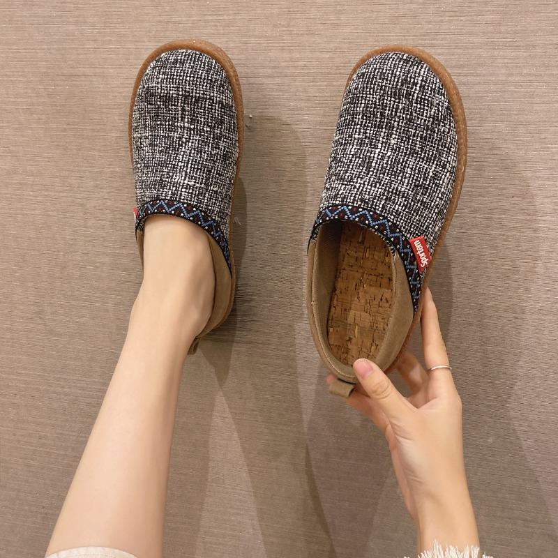 

Модные женские тапочки баотоу, весенняя новинка, круглый носок, глубокий вырез, клетчатая тканевая поверхность, мягкая подошва, противоскользящие, износостойкие, плоская обувь 41 серый