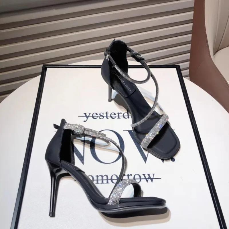 Fashion Elegant Woman Heeled Shoes 2025 New Open Toe Women's Sandals Fashion Crystal Office and Career Summer Buckle Strap Heeled Sandal