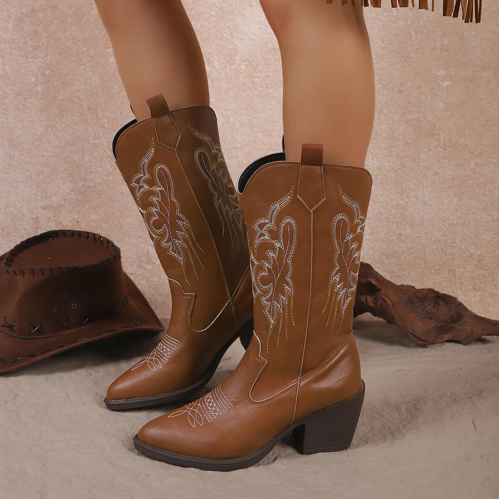 Direct supply of new embroidered Martin boots thick heel medium boots European and American style, knight, western cowboy boots