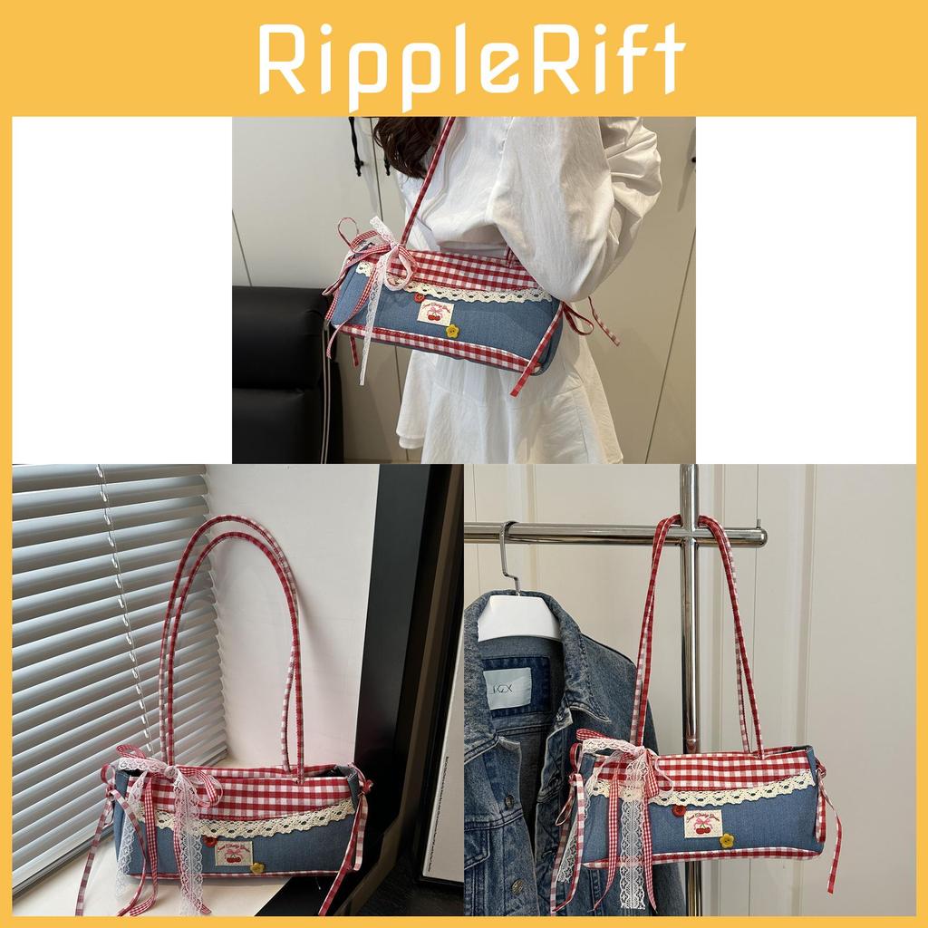Street Style Small Crossbody Bag With Denim Red Plaid Pattern For Daily Use