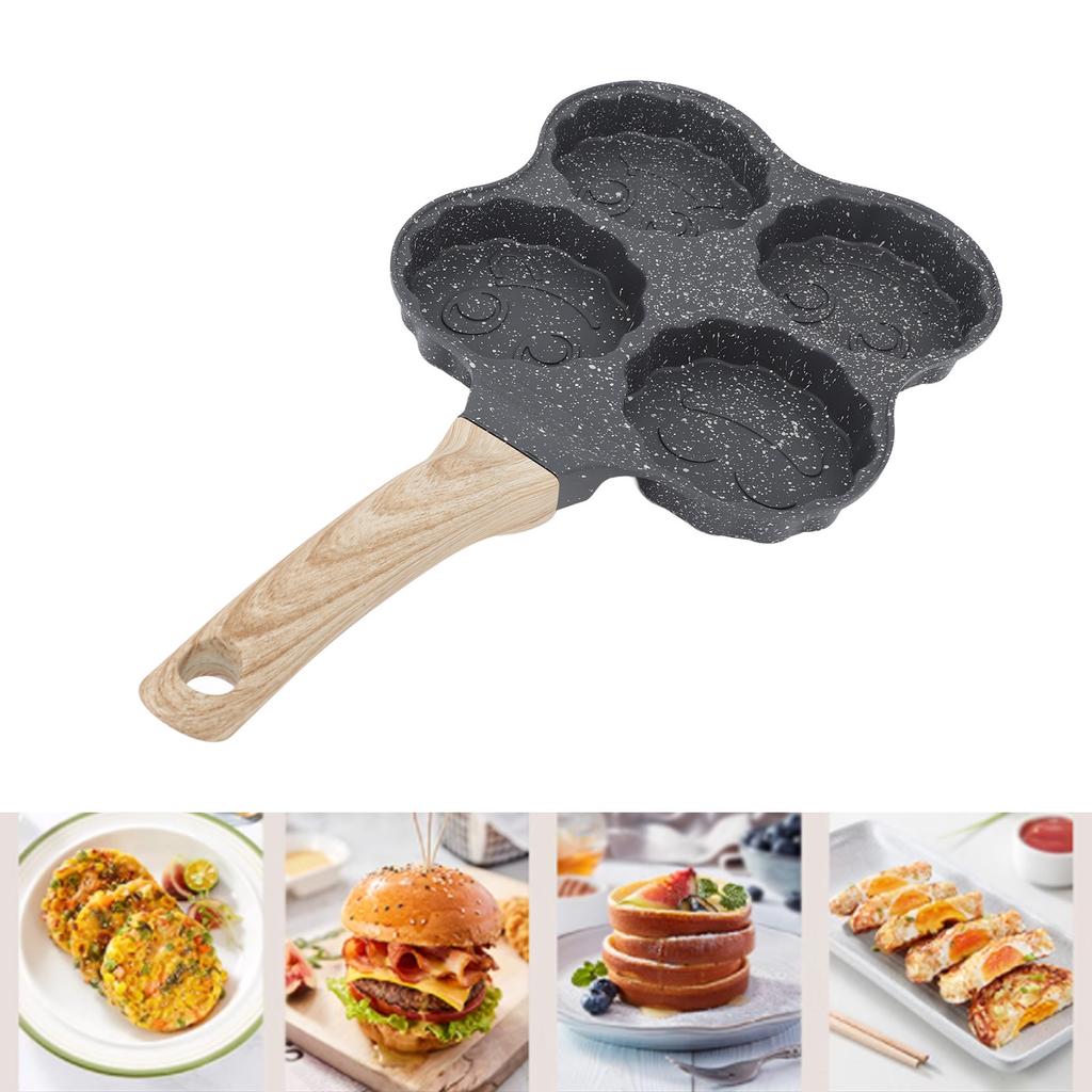 Aluminum 4 Cup Egg Frying Pan Non Stick Egg Cooker Pan Pancake Pan Easy Clean Wooden Handle For Gas Stove Induction Cookware