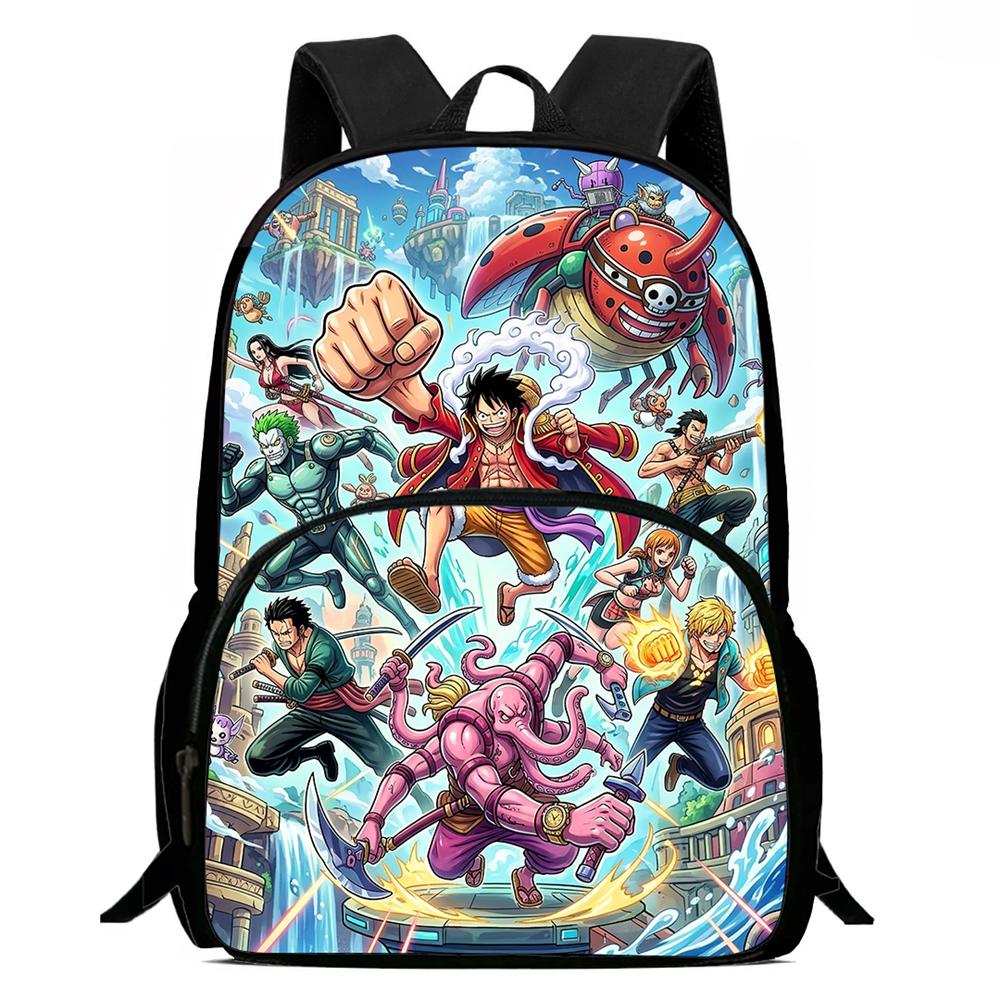 15 Inch Cartoon One Piece Backpack with Front Pocket, Light Weight Unisex School Backpack for Boys Girls Age 6-10 Travel Daypack