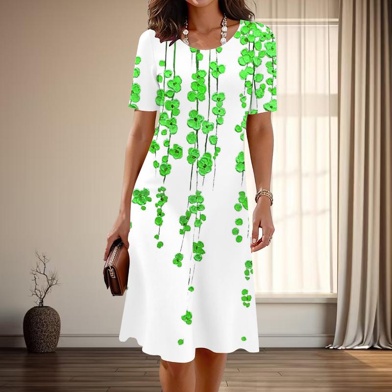 Women's Fashion Graceful Beautiful Flower Print Summer Spring Short Sleeve O-Neck Casual Dresses