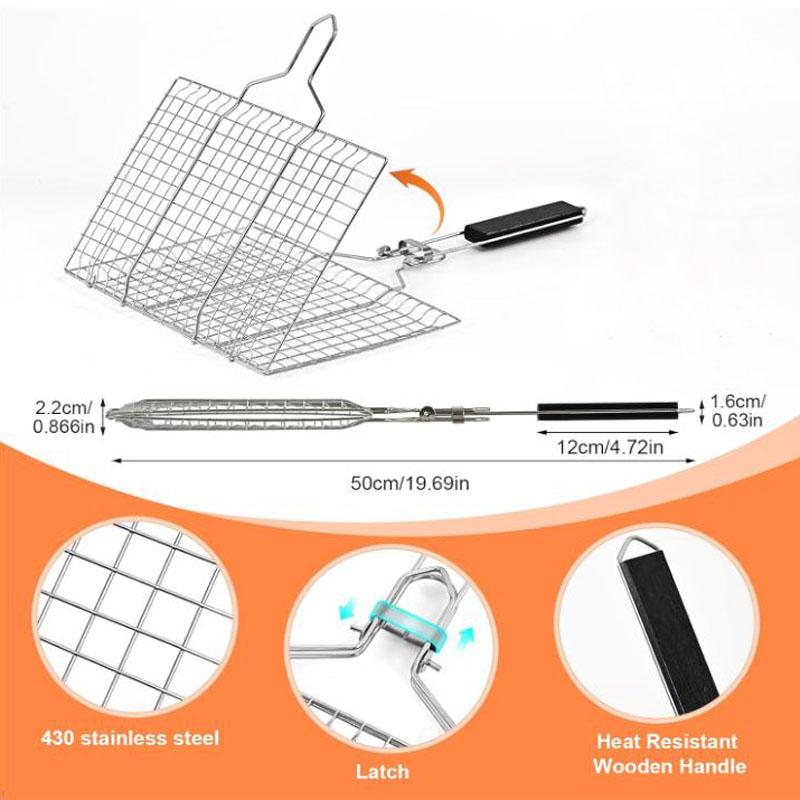 Large Capacity Flat BBQ Grill Basket Mesh Cage Grill With Secure Locking Handle