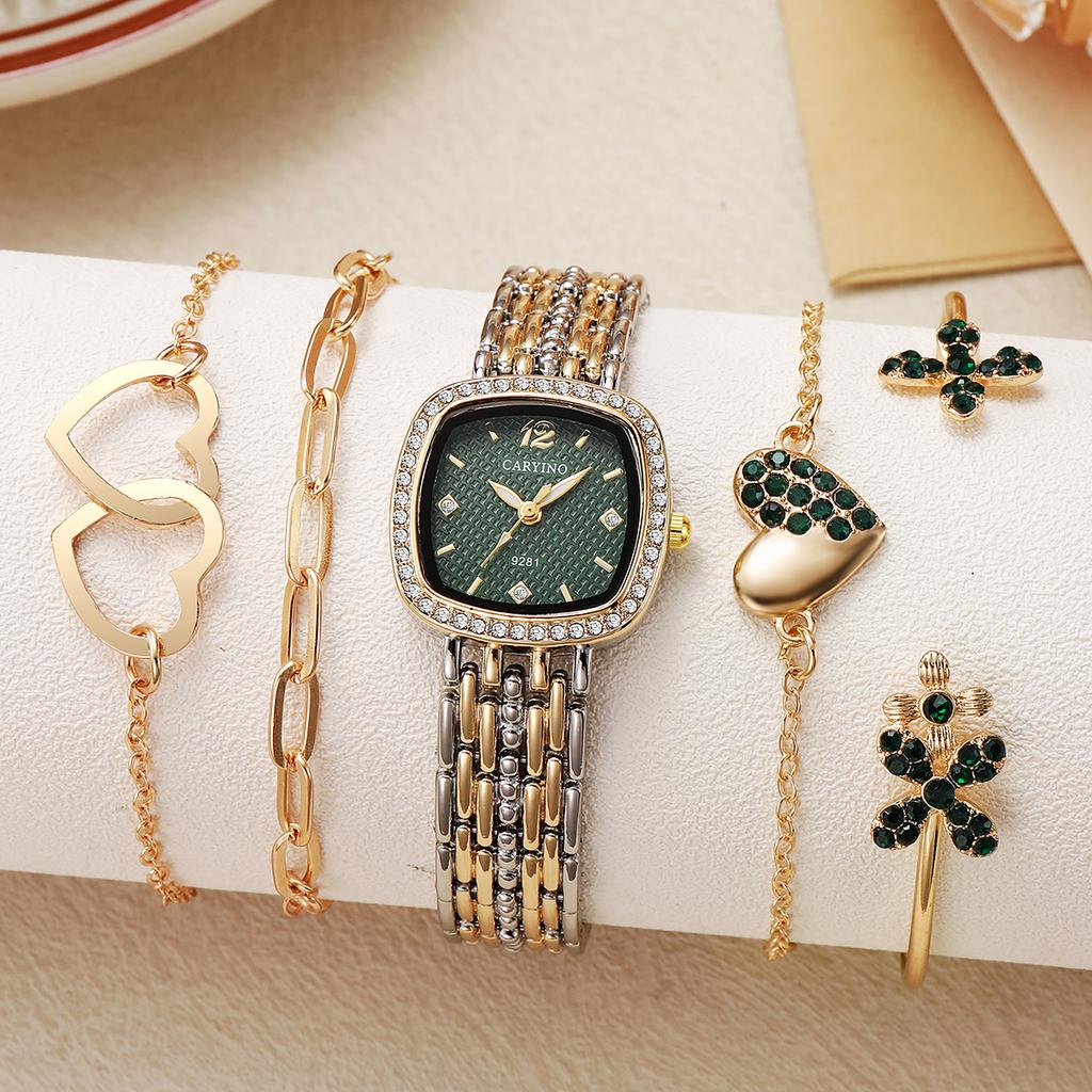 Women's Green Disc Diamond Square Quartz Watch Love Element Bracelet Multi-piece Set Suitable for Dating Shopping