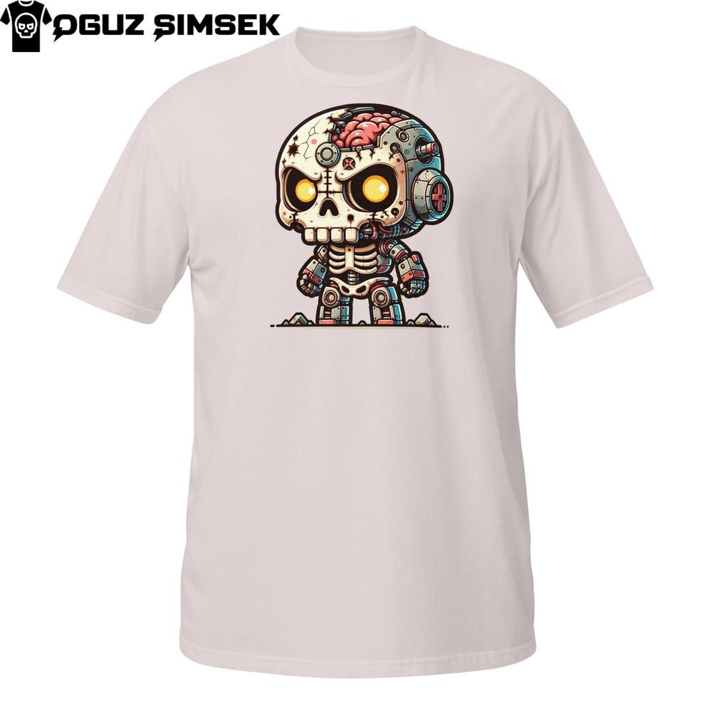 

Cyborg Skull T-Shirt | Half-Robot Skeleton with Brain and Wires | Chibi Sci-Fi L
