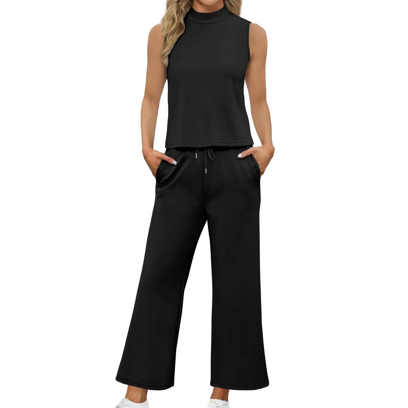 

Women s Casual Fashion Sleeveless Loose Wide Leg Pants High Neck Set XXL чорний