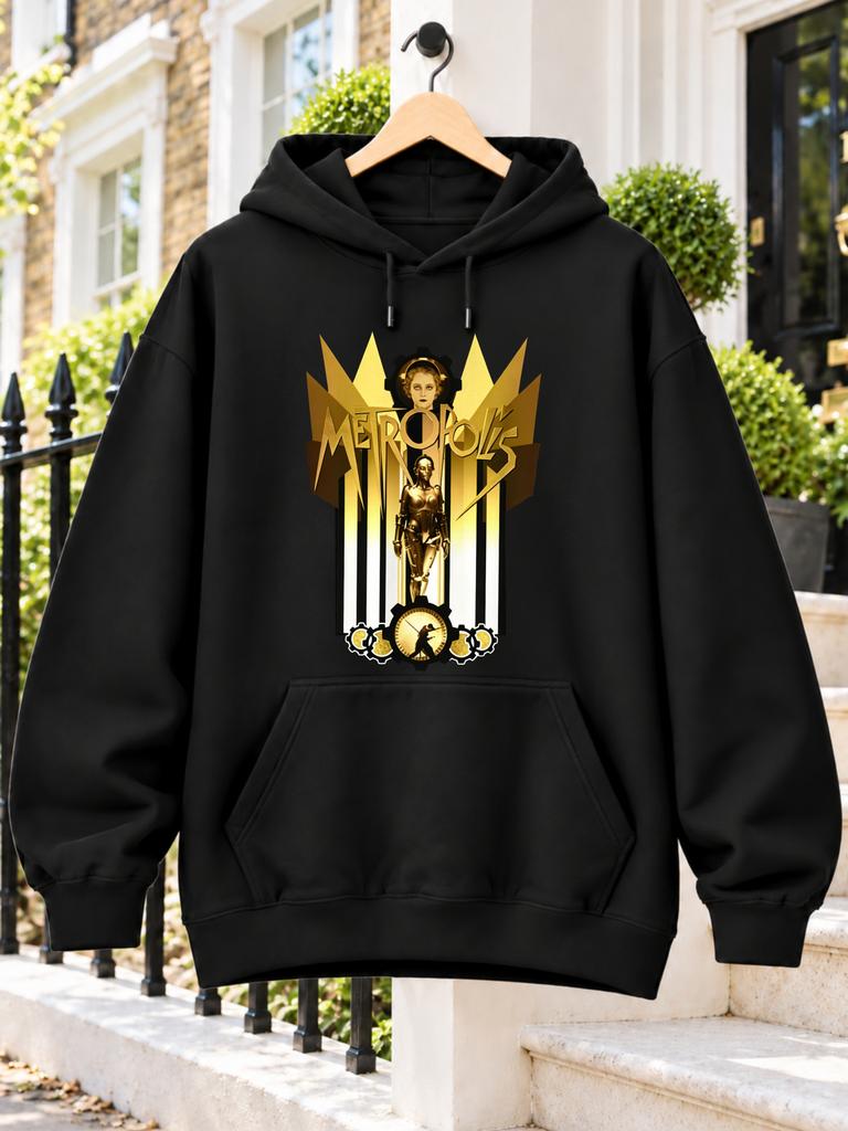 Metropolis Art Deco Golden Robot and Clock Graphic with Geometric Skyline Vintage Cinema Style Unisex Hoodie