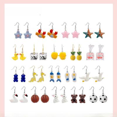3D Animal Earrings: Cute Omelette, Creative Basketball, Dice, Ocean Star, Goldfish, French Fries Designs