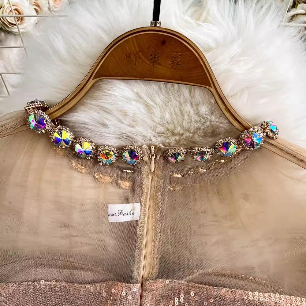 2025 neue Frühjahr Sommer Frauen High-End-Party Mode O Neck Shiny Diamanten Langarm Schlank Lange Party Casual Kleider