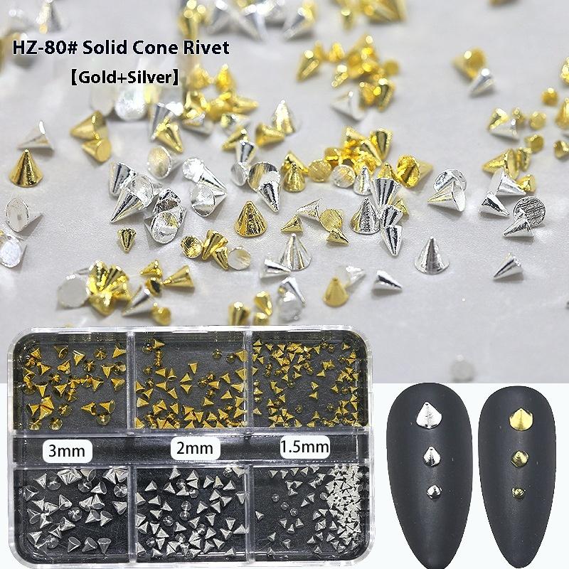 6 Grids Punk Nail Rivets Silver Gold Black Mixed Size Metal Bead Studs Round Cone Nail Art Charms Nail Parts Diy Decoration