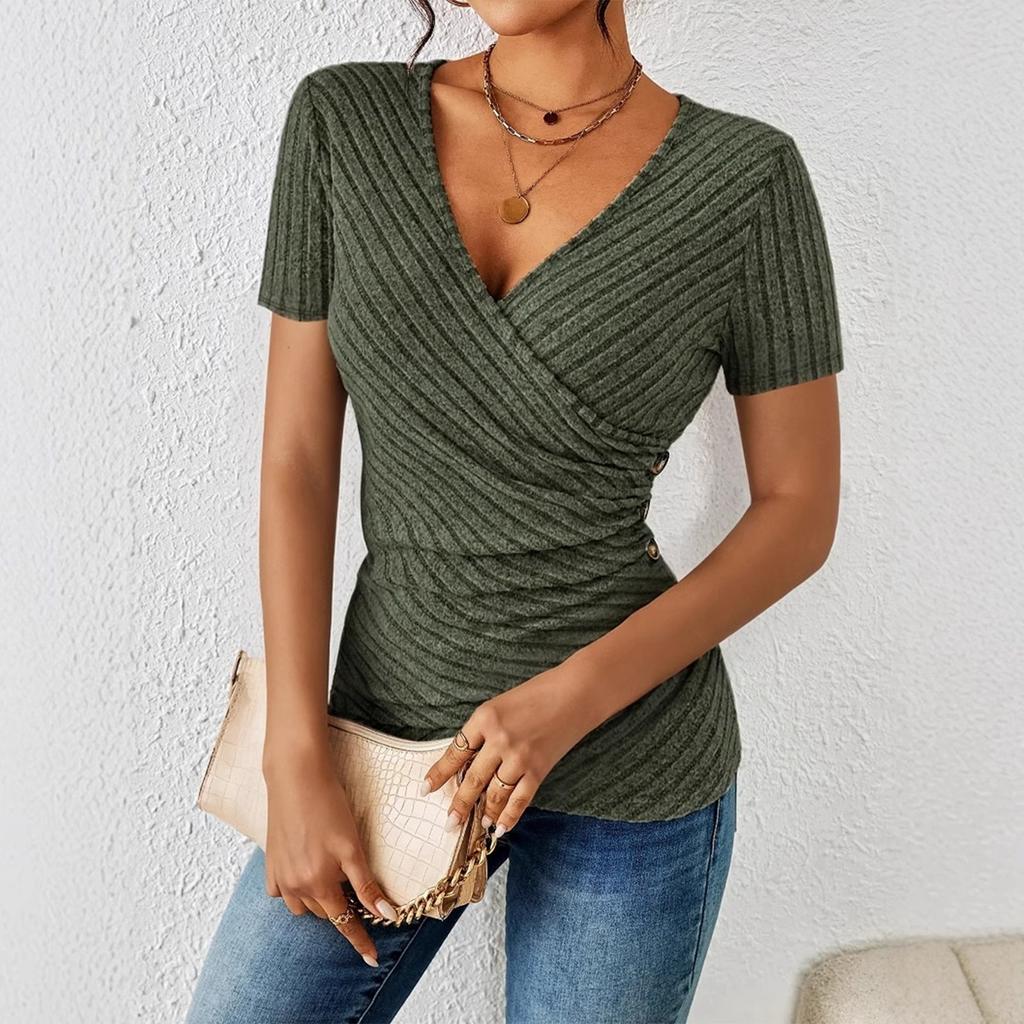 Women's Fashion Casual Color V-neck Casual Short-sleeved Top