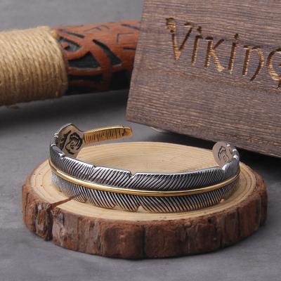 Vintage Feather Silver Open Cuff Bracelet for Men Adjustable Bangle Jewelry Gift with Wooden Box