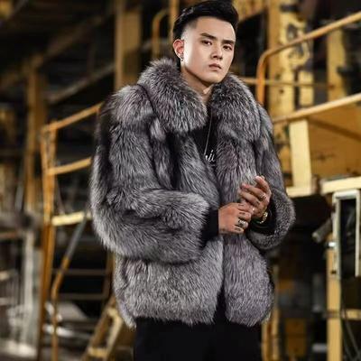 Neuer Silberfuchs Pelz Herrenmantel Mode Warm Leichter Luxus Lässiger Mantel Temperament Jacke Slim Baumwollmantel