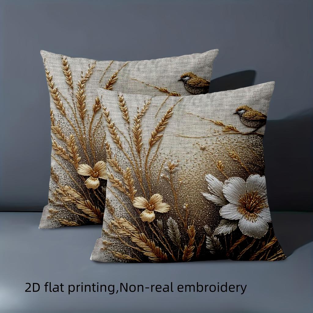 1 Pillowcase 2D Flat Printed Linen Style Pillowcase Cover with Wheat and Bird Pattern Polyester Pillowcase Sofa Cushion Cover