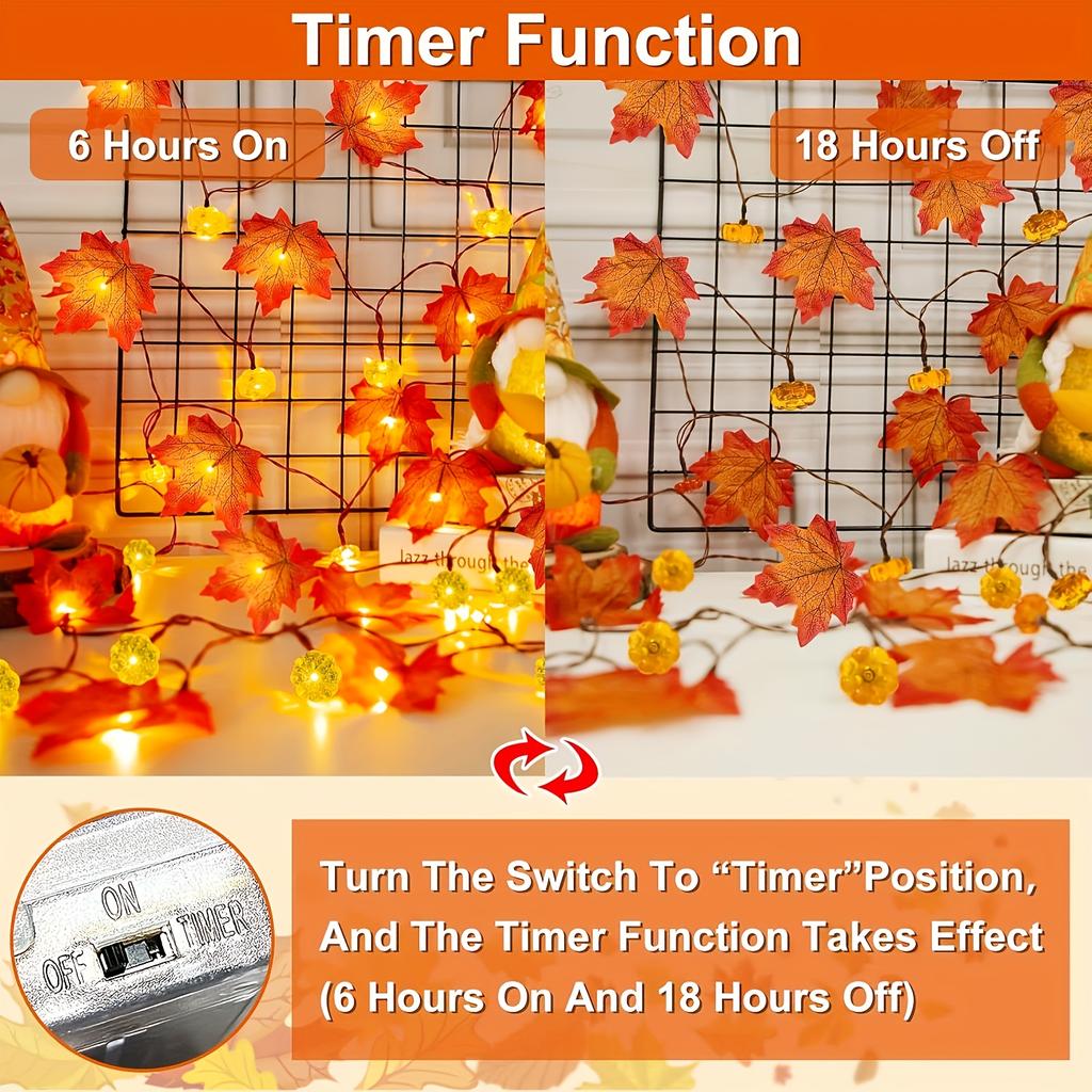 1 Pack LED Battery-powered 3D Illuminated Maple Leaf and Pumpkin Garland Lights, Warm White and Multicoloured Autumn Leaves