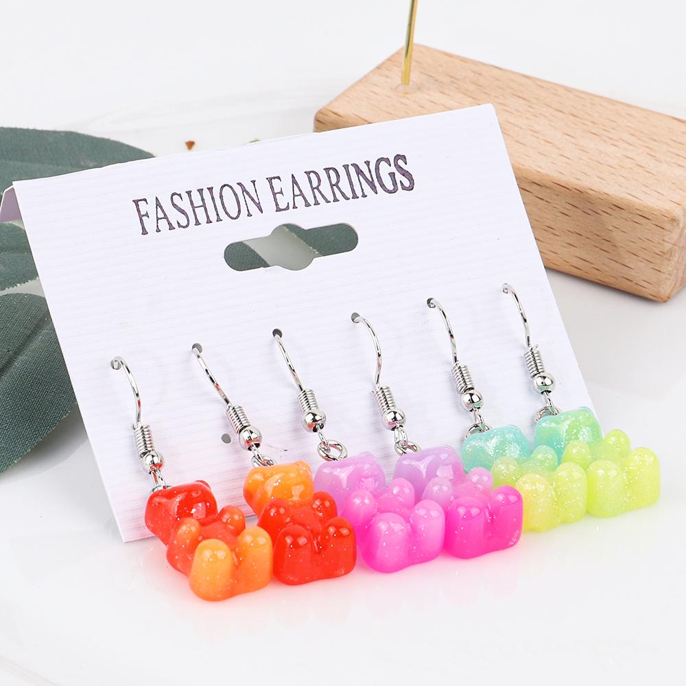 3 Pairs/Set Candy Color Acrylic Gummy Bear Drop Earrings for Women Korean Transparent Resin Jelly Bears Earring Sets Y2k Jewelry