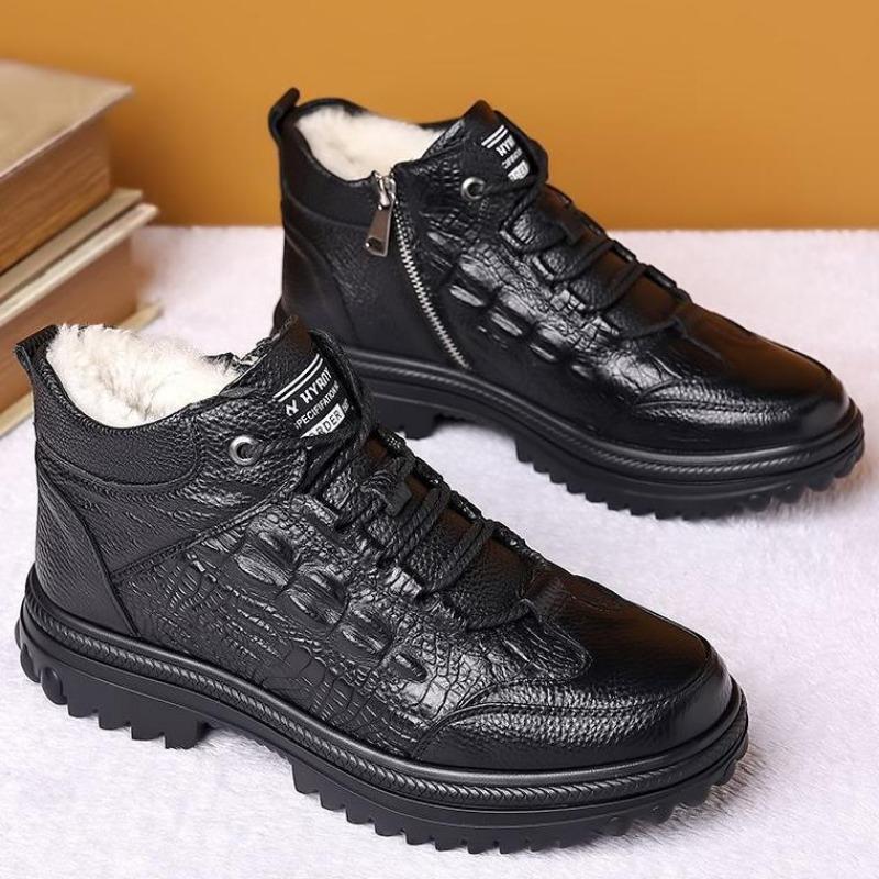 [First layer cowhide] Winter leather thickened wool warm cotton shoes men's high-top casual non-slip cotton boots