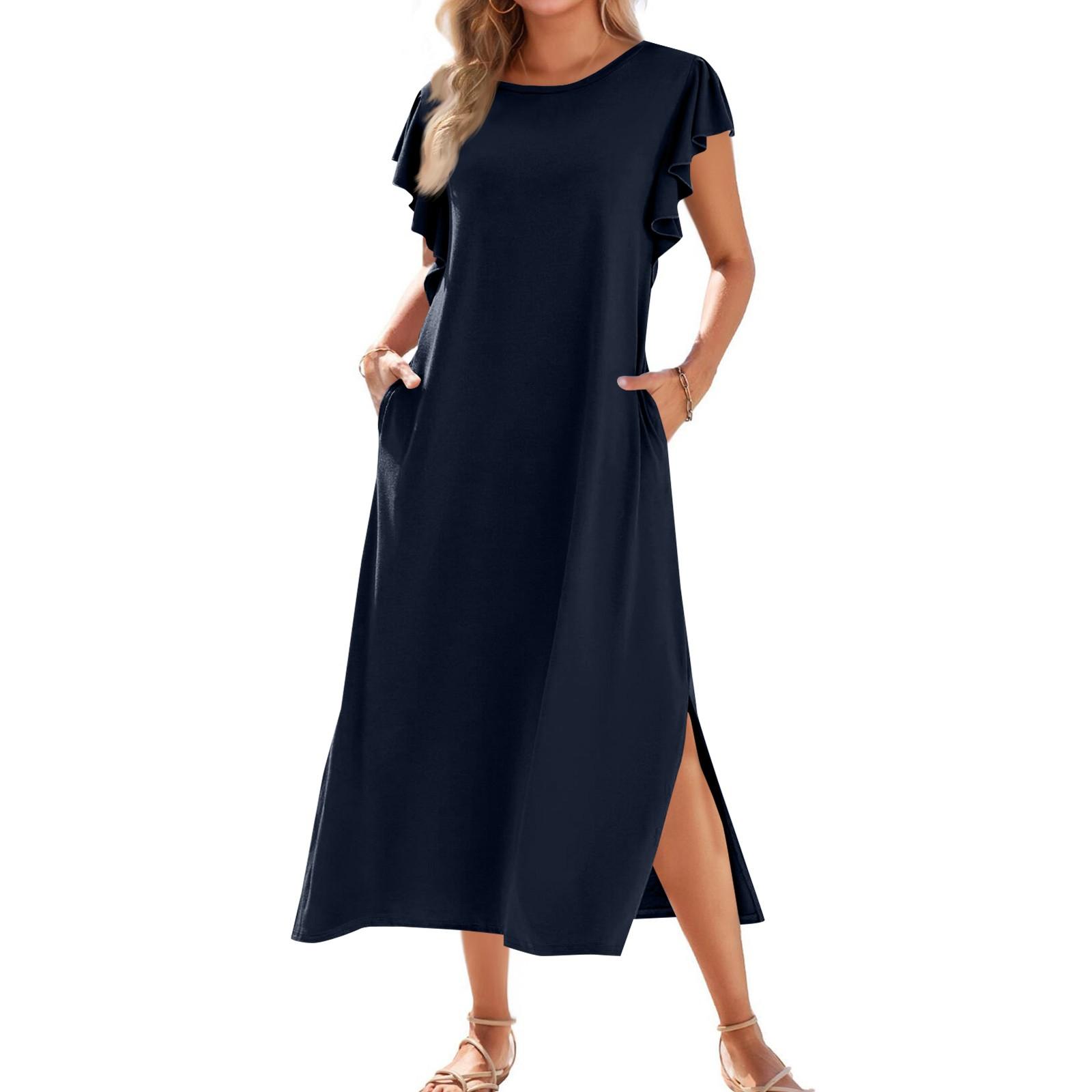 

Ladies Fashionable Summer Casual Pleated Sleeves, Loose Solid Color Short Sleeves, Round Tie, Pocket Beach Dress L Темно-синій
