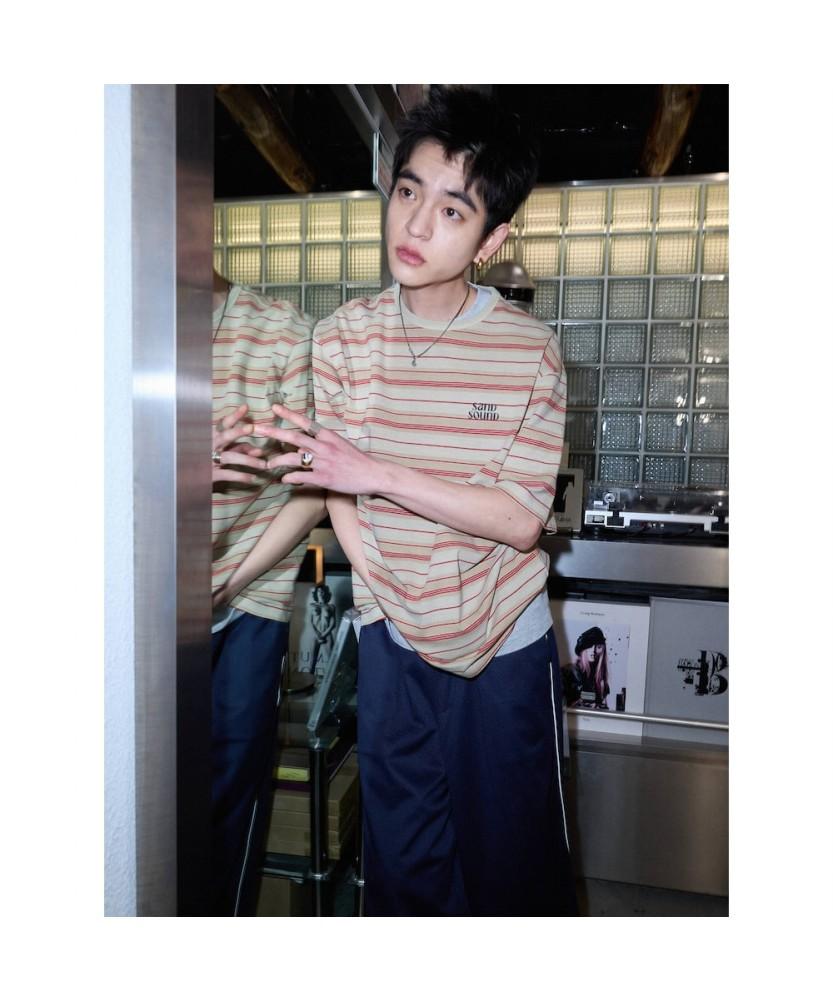 Saendeusaundeu (Unisex) Dyed Stripe Short Sleeve T-Shirt Beige
