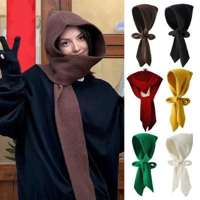 Kadın Şapka Eşarp Düz Renk Yumuşak Sıcak 2'si 1 Arada Örme Eşarp Şapka Çok Yönlü Sahte Yaka Tasarımı Kulak Koruyucu Şapka Kış Kapüşonlu Eşarp