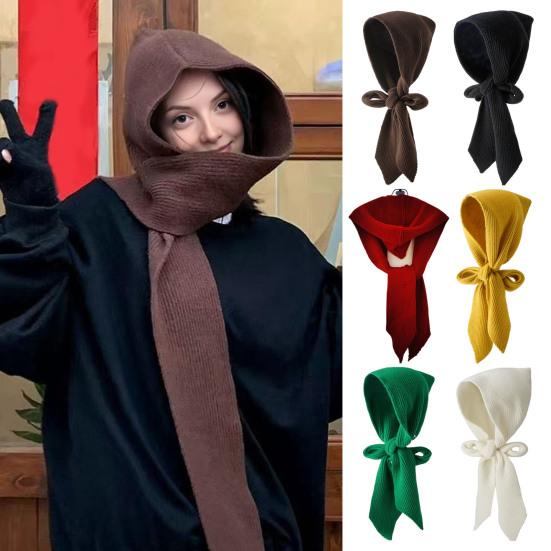 Women Hat Scarf Solid Color Soft Warm 2 In 1 Knit Scarf Hat Versatile