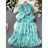French Style Fancy Print Chiffon Dress Women's Ruffles Patchwork Waist-Slimming Slim Looking Elegant Elegance Pleated Dress